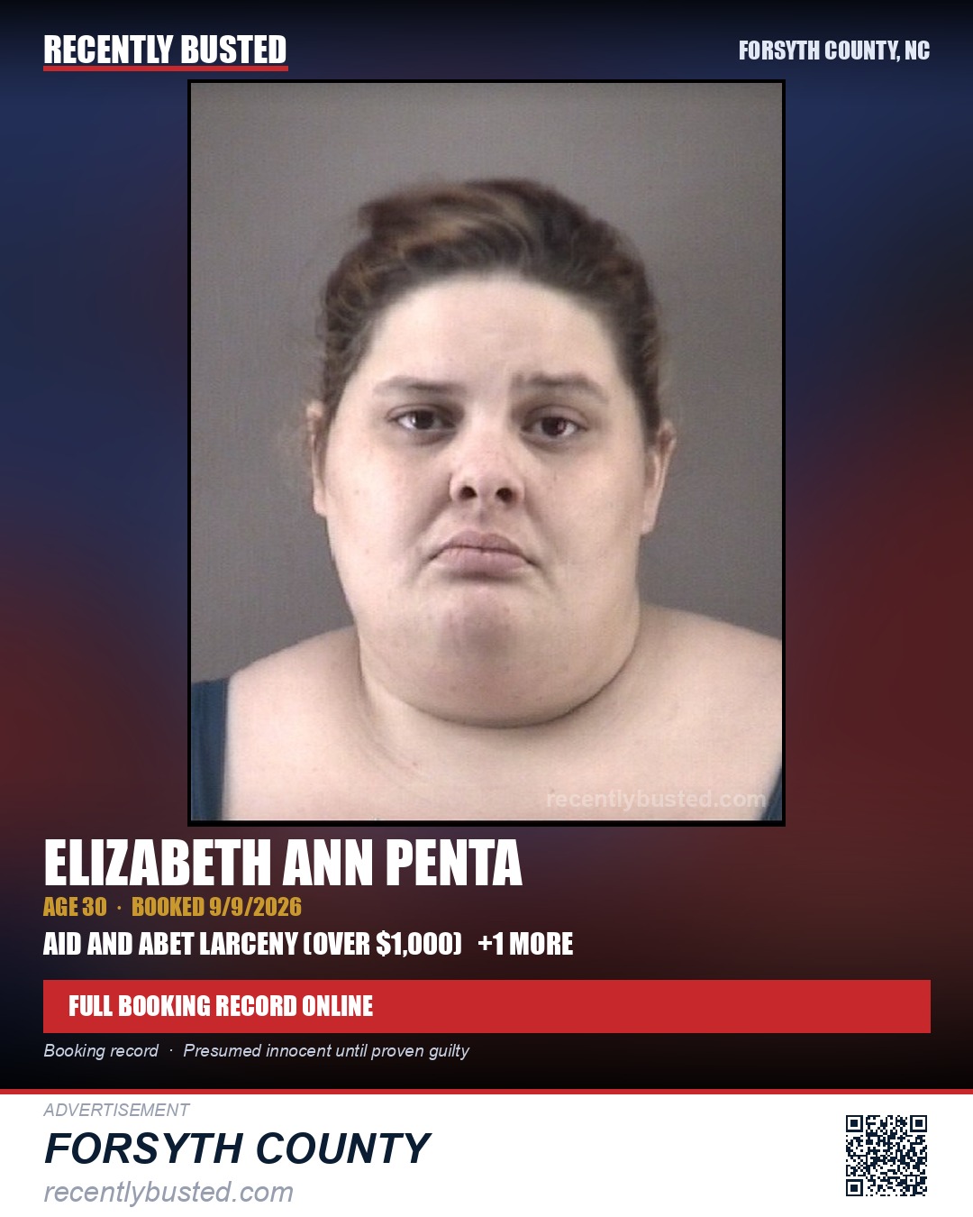 ELIZABETH ANN PENTA — arrest record card, Forsyth County, North Carolina