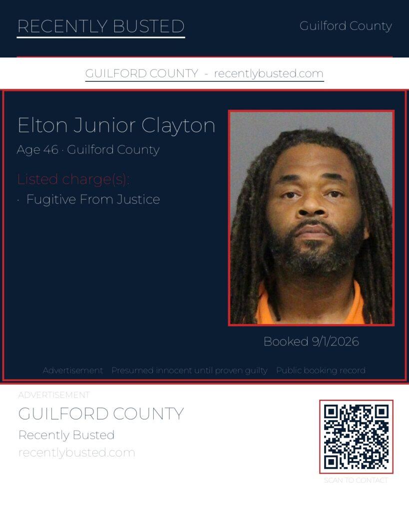ELTON JUNIOR CLAYTON — arrest record card, Guilford County, North Carolina