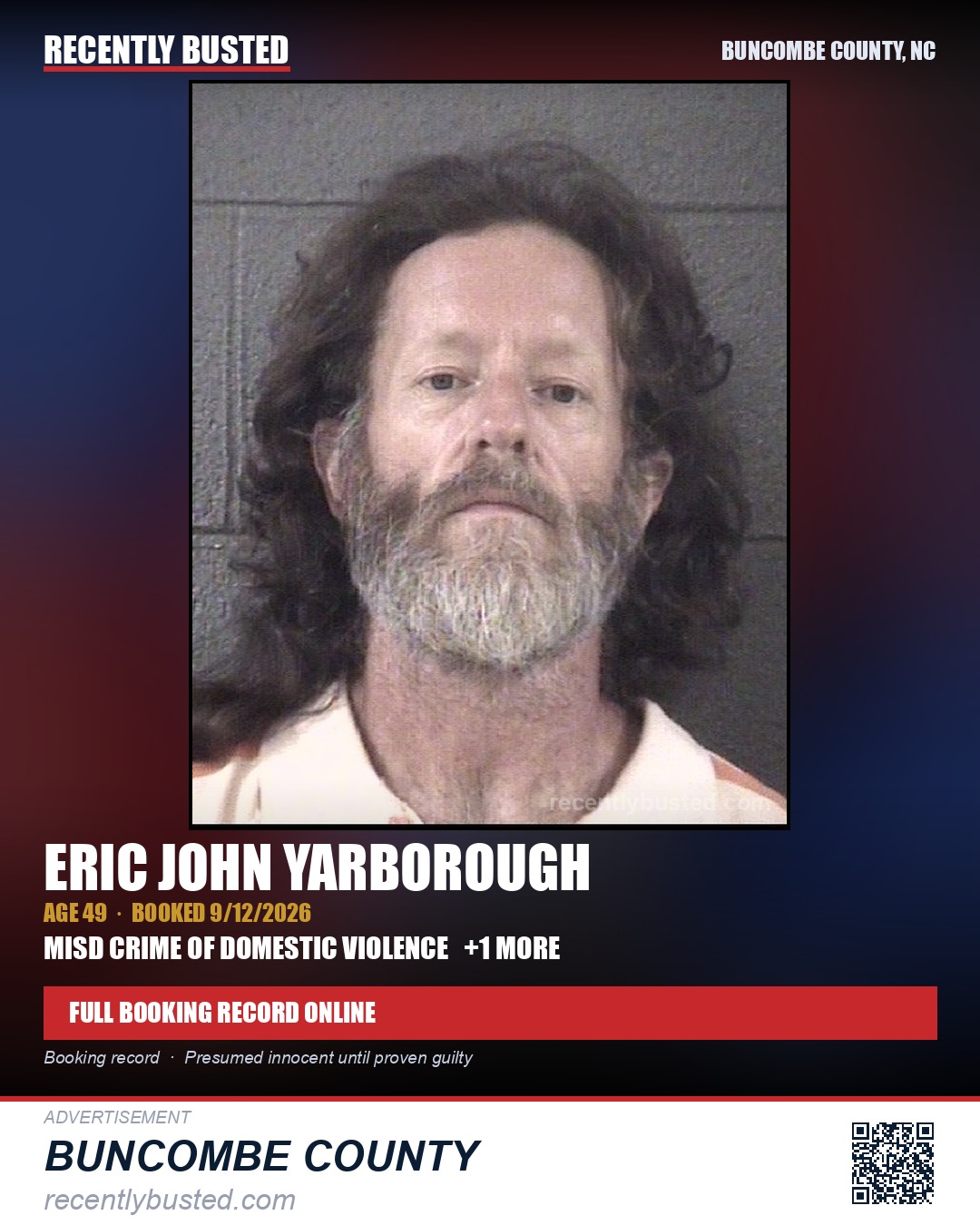 ERIC JOHN YARBOROUGH — arrest record card, Buncombe County, North Carolina