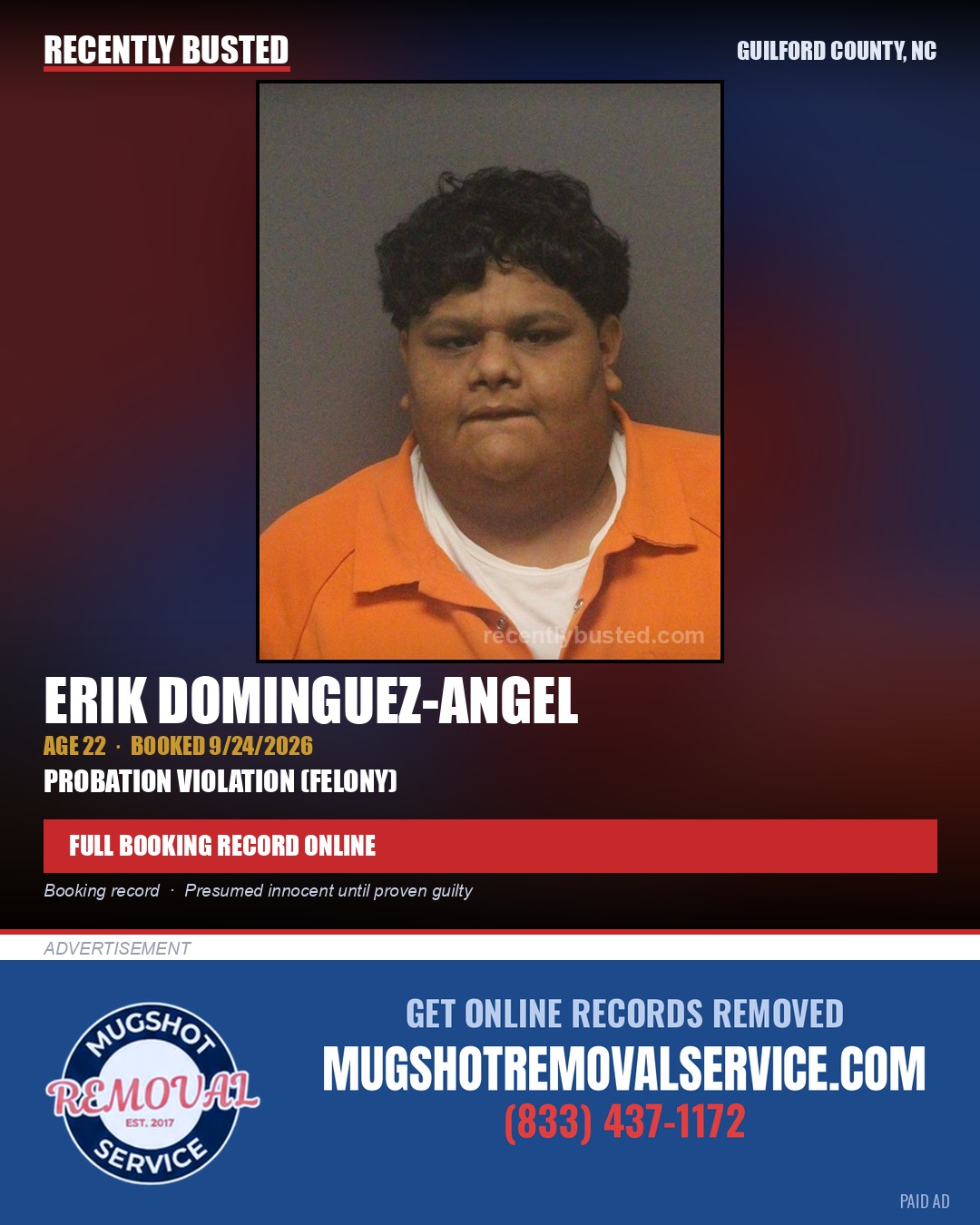ERIK DOMINGUEZ-ANGEL — arrest record card, Guilford County, North Carolina