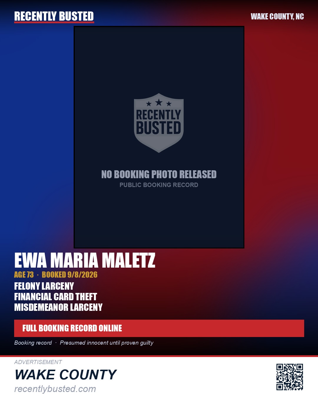 EWA MARIA MALETZ — arrest record card, Wake County, North Carolina