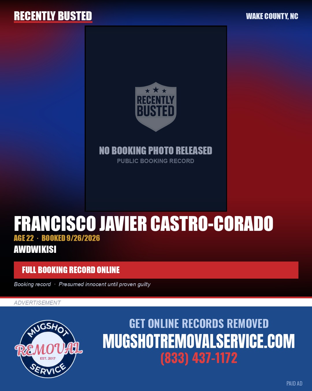 FRANCISCO JAVIER CASTRO-CORADO — arrest record card, Wake County, North Carolina