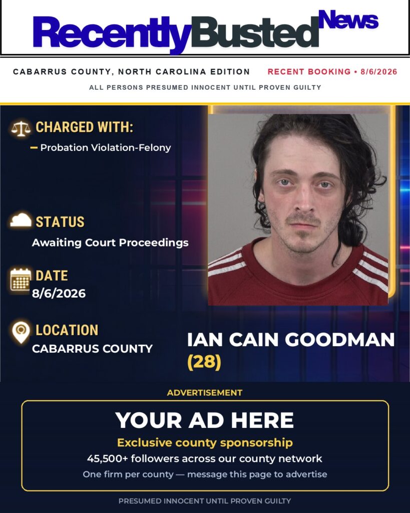 IAN CAIN GOODMAN — arrest record card, Cabarrus County