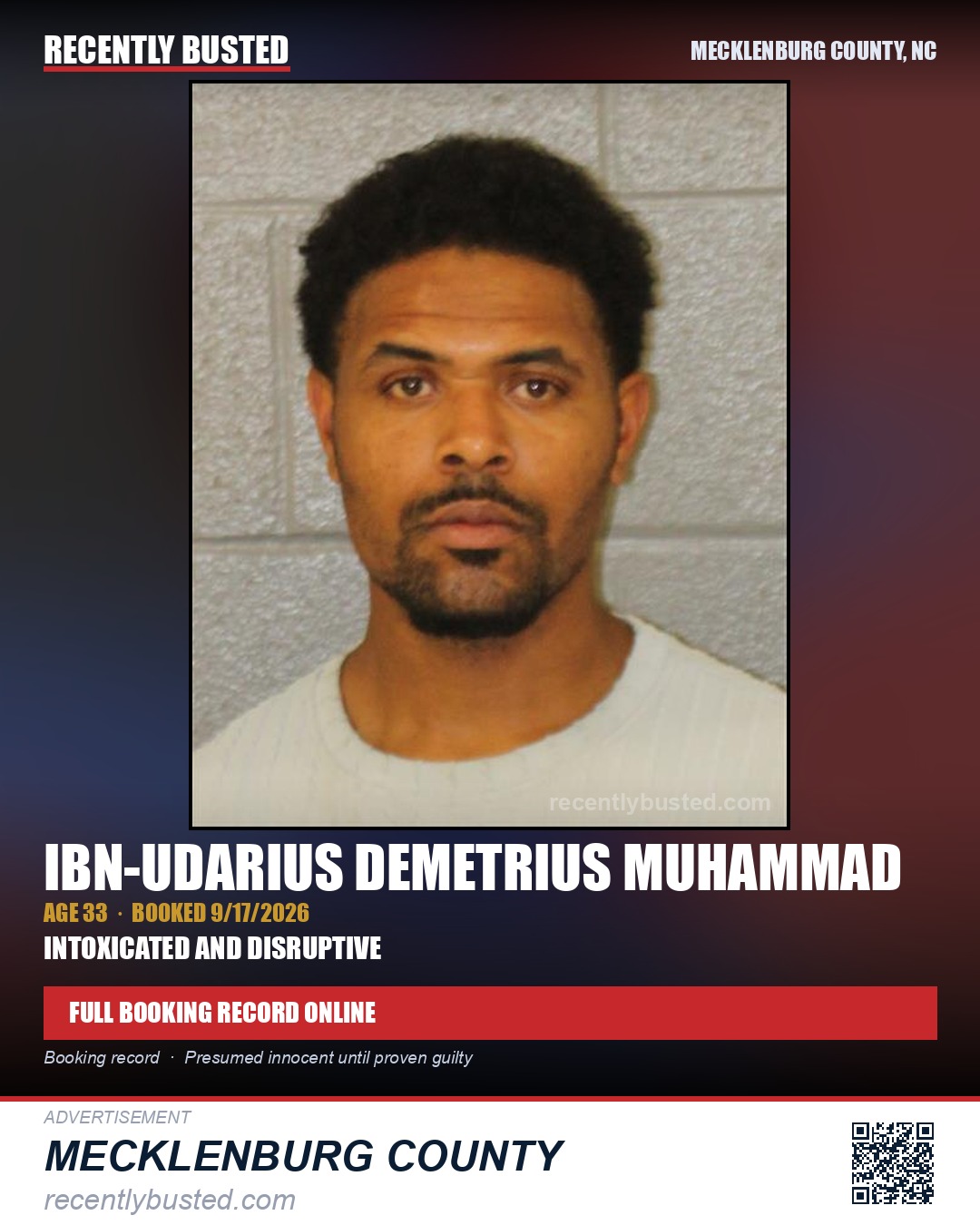 IBN-UDARIUS DEMETRIUS MUHAMMAD — arrest record card, Mecklenburg County, North Carolina