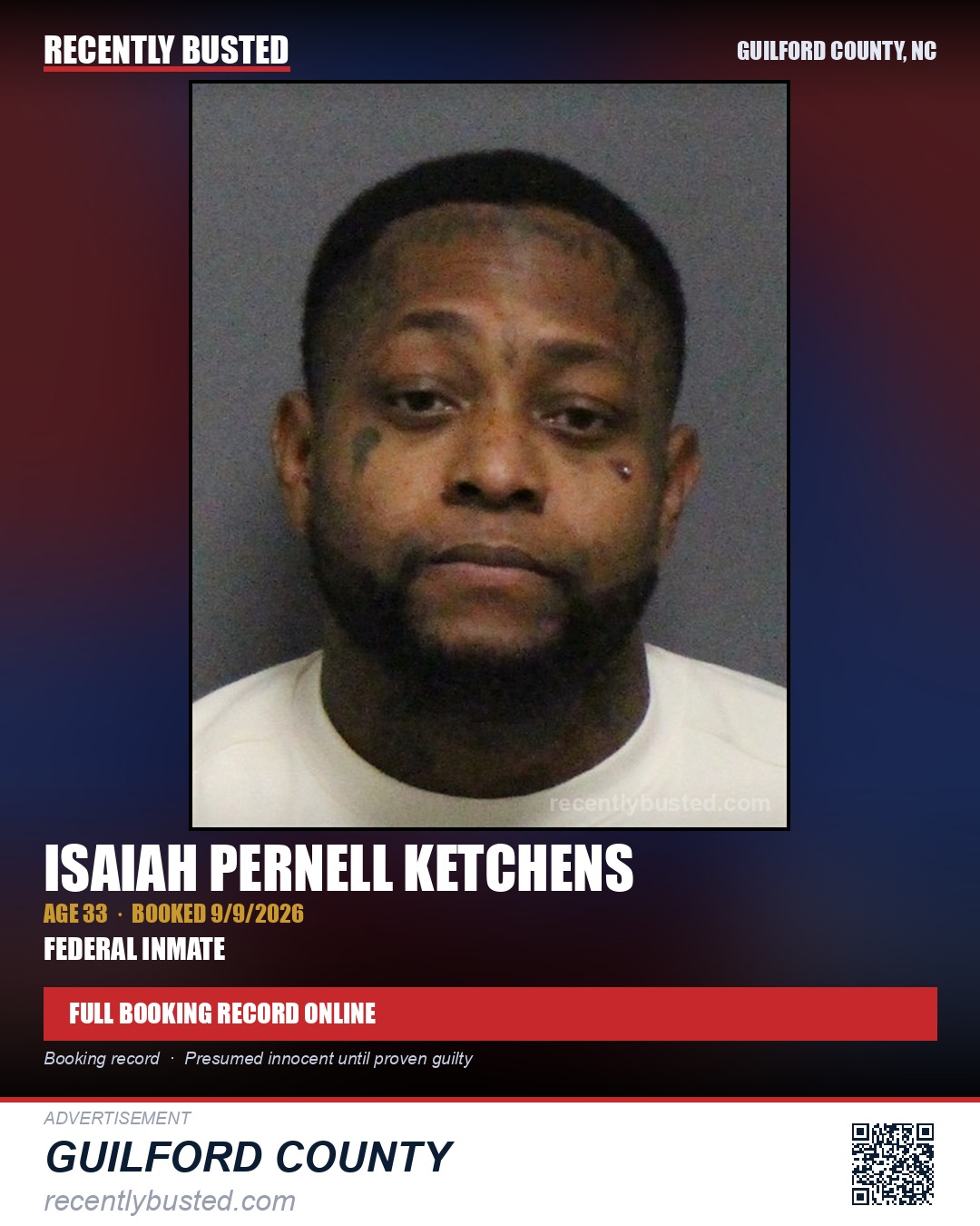 ISAIAH PERNELL KETCHENS — arrest record card, Guilford County, North Carolina