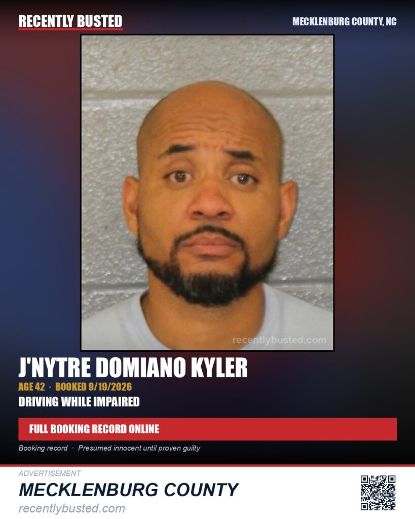 J’NYTRE DOMIANO KYLER — arrest record card, Mecklenburg County, North Carolina