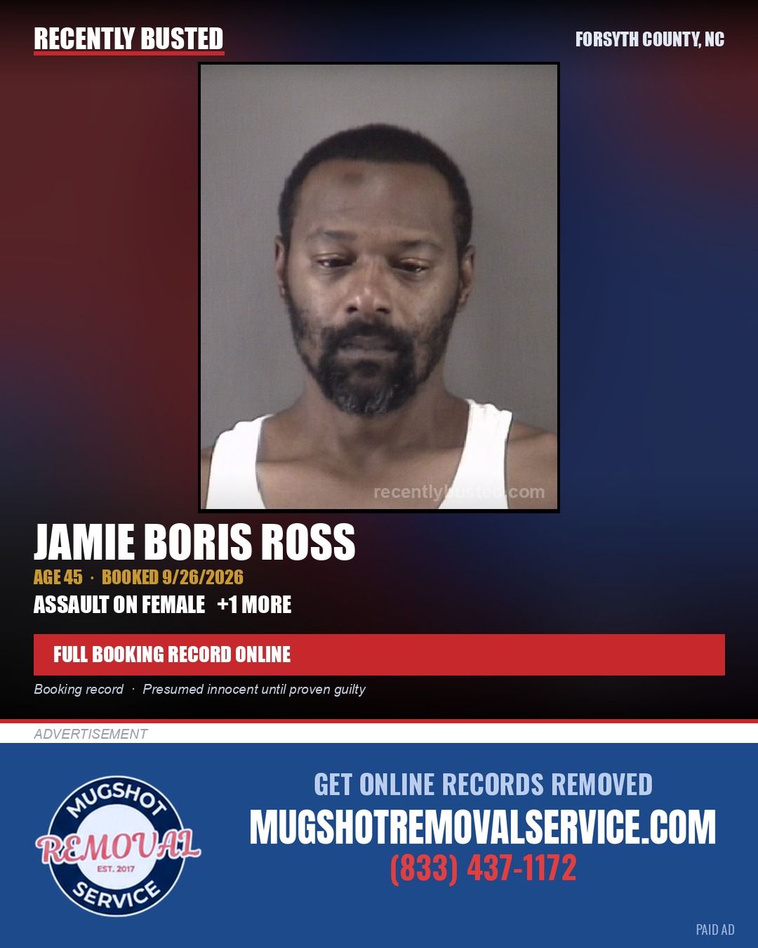 JAMIE BORIS ROSS — arrest record card, Forsyth County, North Carolina