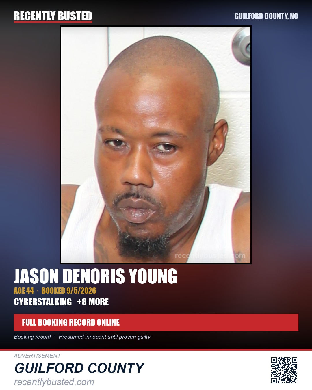 JASON DENORIS YOUNG — arrest record card, Guilford County, North Carolina