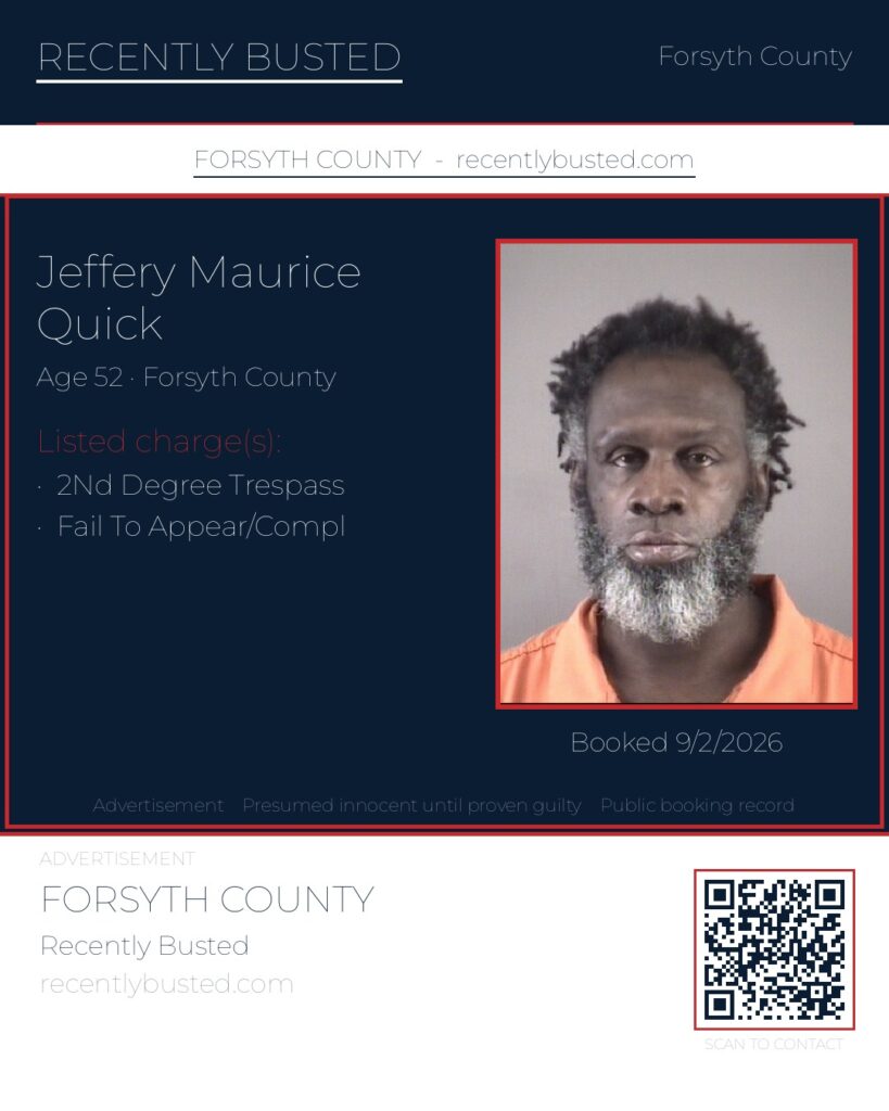 JEFFERY MAURICE QUICK — arrest record card, Forsyth County, North Carolina