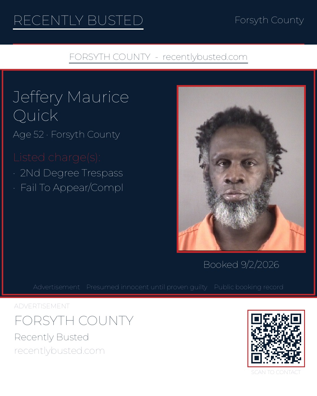 JEFFERY MAURICE QUICK — arrest record card, Forsyth County, North Carolina