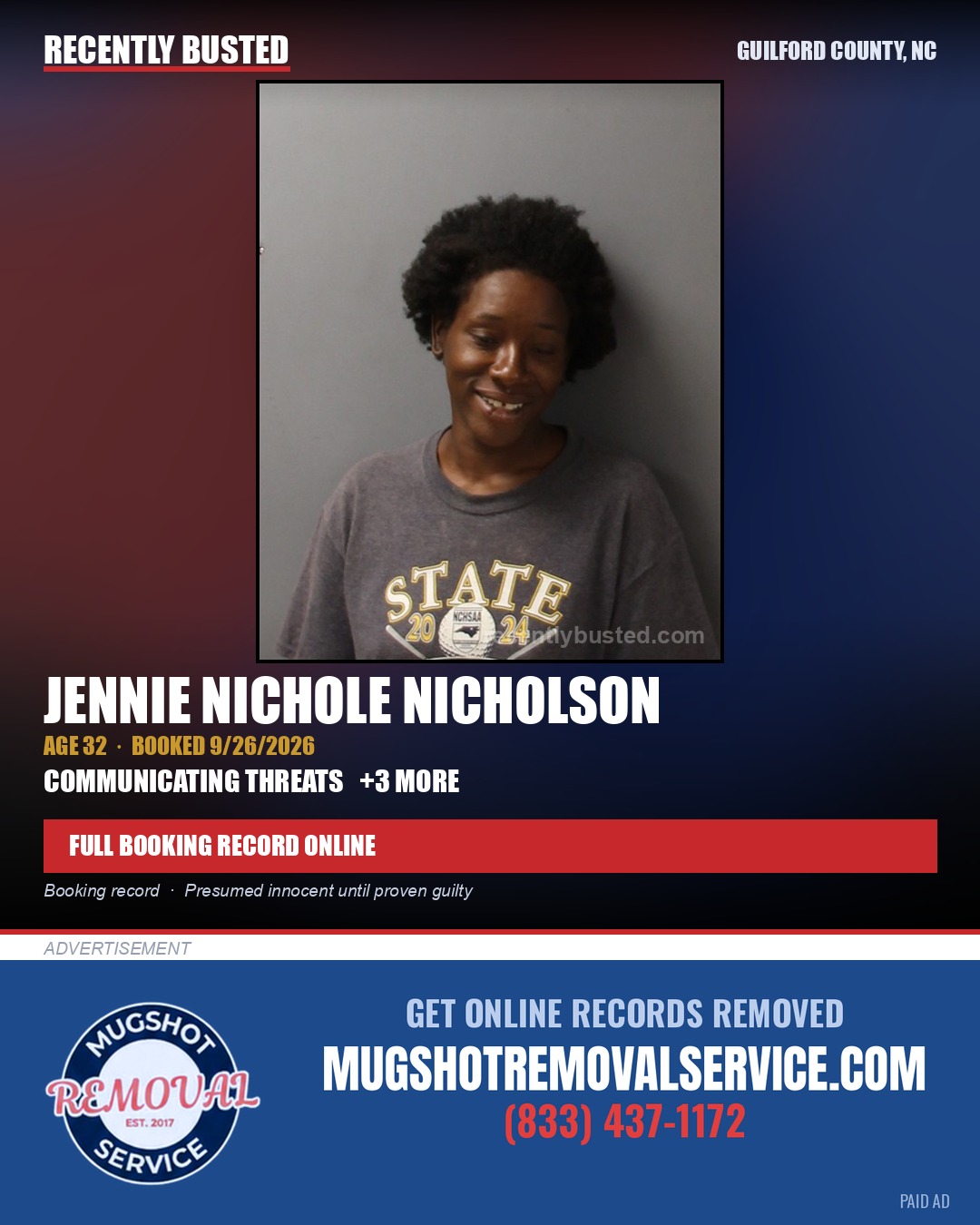 JENNIE NICHOLE NICHOLSON — arrest record card, Guilford County, North Carolina