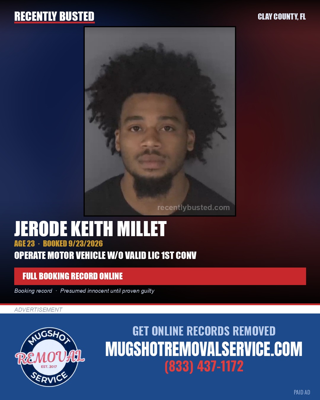 JERODE KEITH MILLET — arrest record card, Clay County, Florida