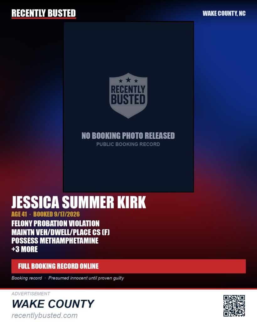 JESSICA SUMMER KIRK — arrest record card, Wake County, North Carolina