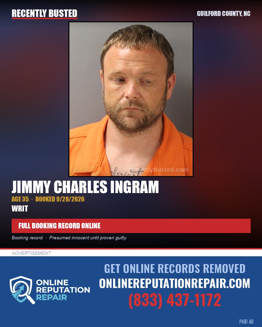 JIMMY CHARLES INGRAM — arrest record card, Guilford County, North Carolina