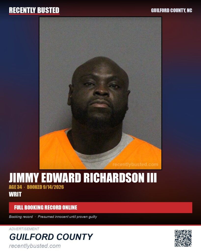 JIMMY EDWARD RICHARDSON III — arrest record card, Guilford County, North Carolina
