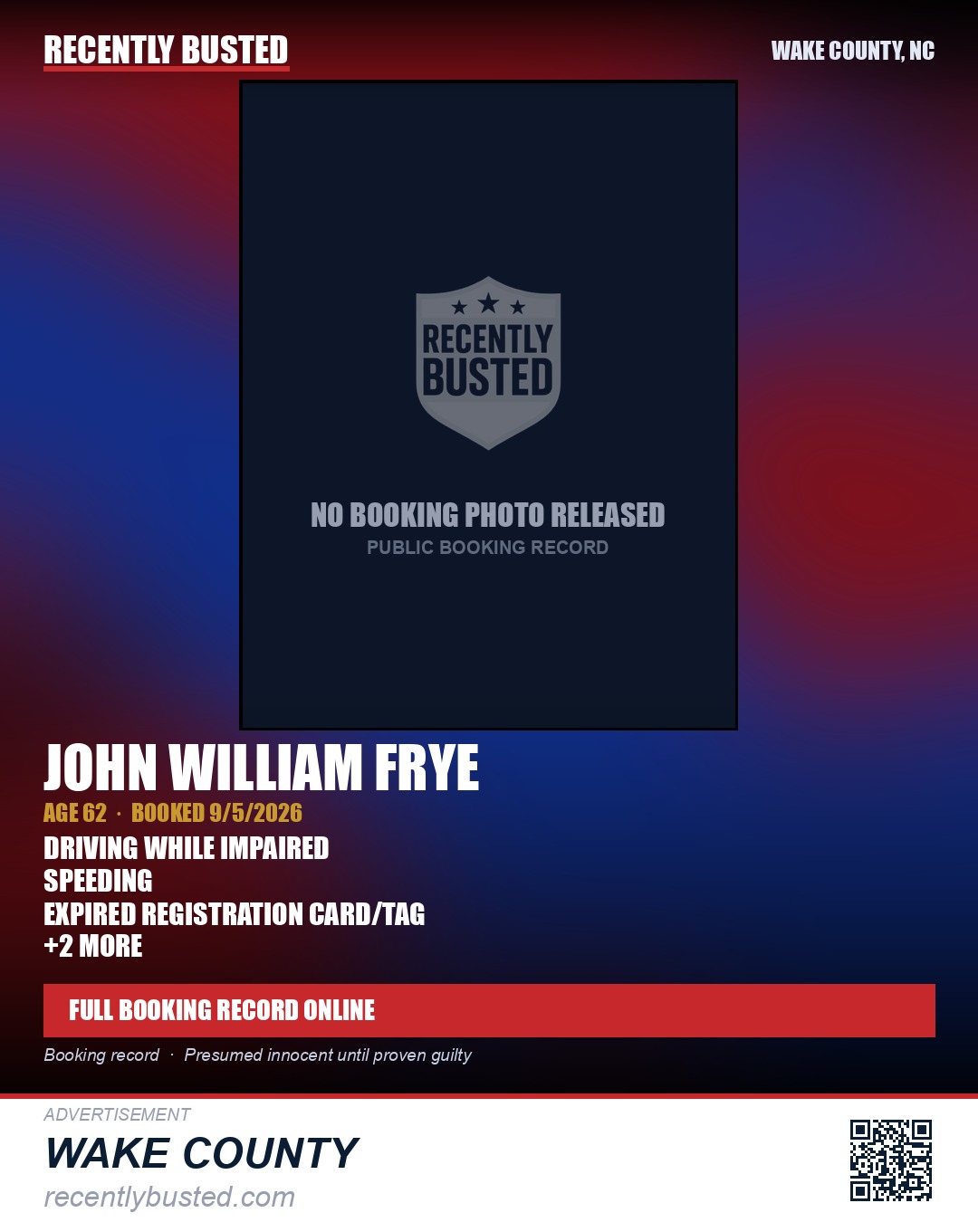 JOHN WILLIAM FRYE — arrest record card, Wake County, North Carolina