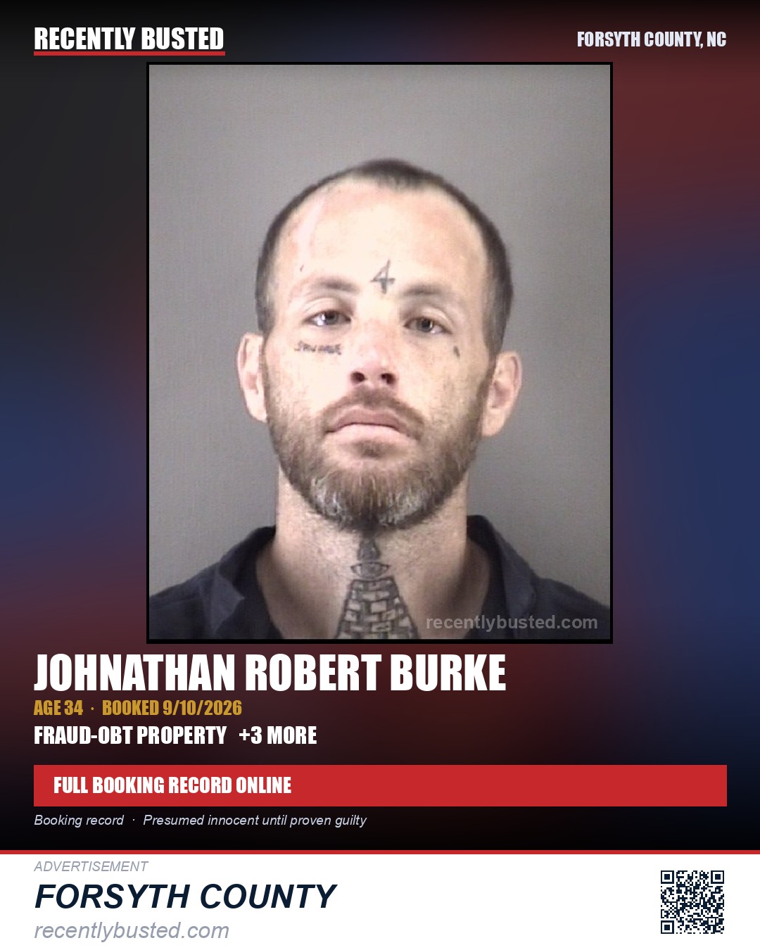 JOHNATHAN ROBERT BURKE — arrest record card, Forsyth County, North Carolina