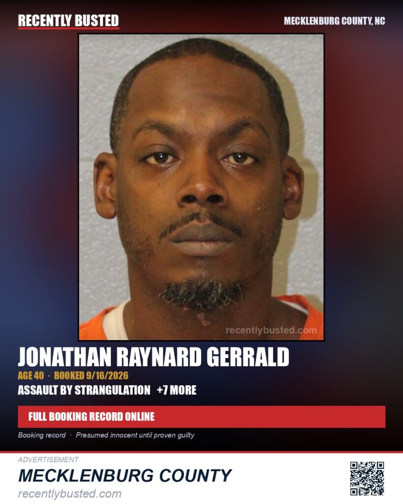 JONATHAN RAYNARD GERRALD — arrest record card, Mecklenburg County, North Carolina