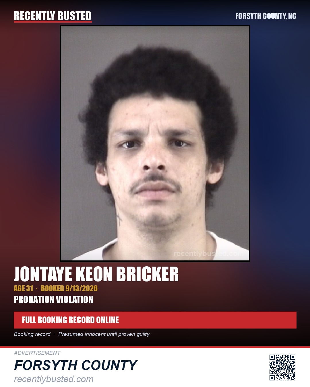 JONTAYE KEON BRICKER — arrest record card, Forsyth County, North Carolina