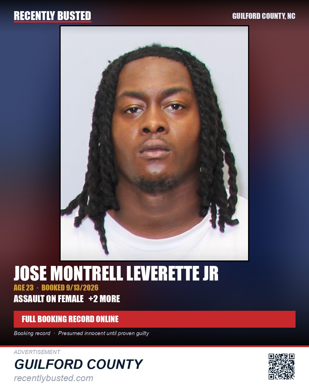 JOSE MONTRELL LEVERETTE JR — arrest record card, Guilford County, North Carolina