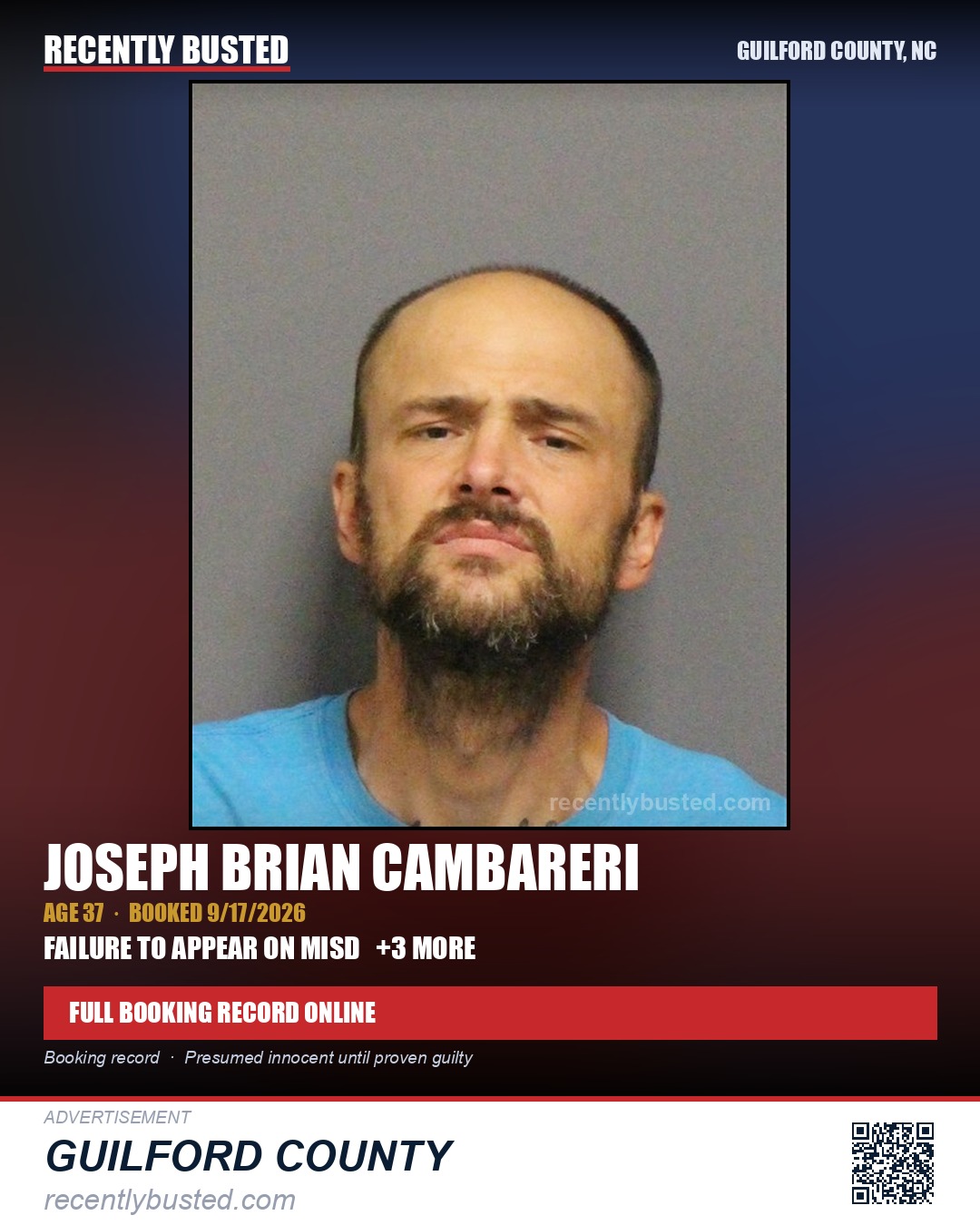 JOSEPH BRIAN CAMBARERI — arrest record card, Guilford County, North Carolina