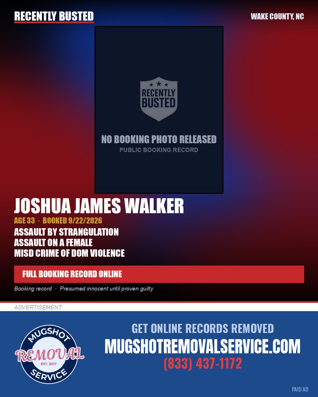 JOSHUA JAMES WALKER — arrest record card, Wake County, North Carolina
