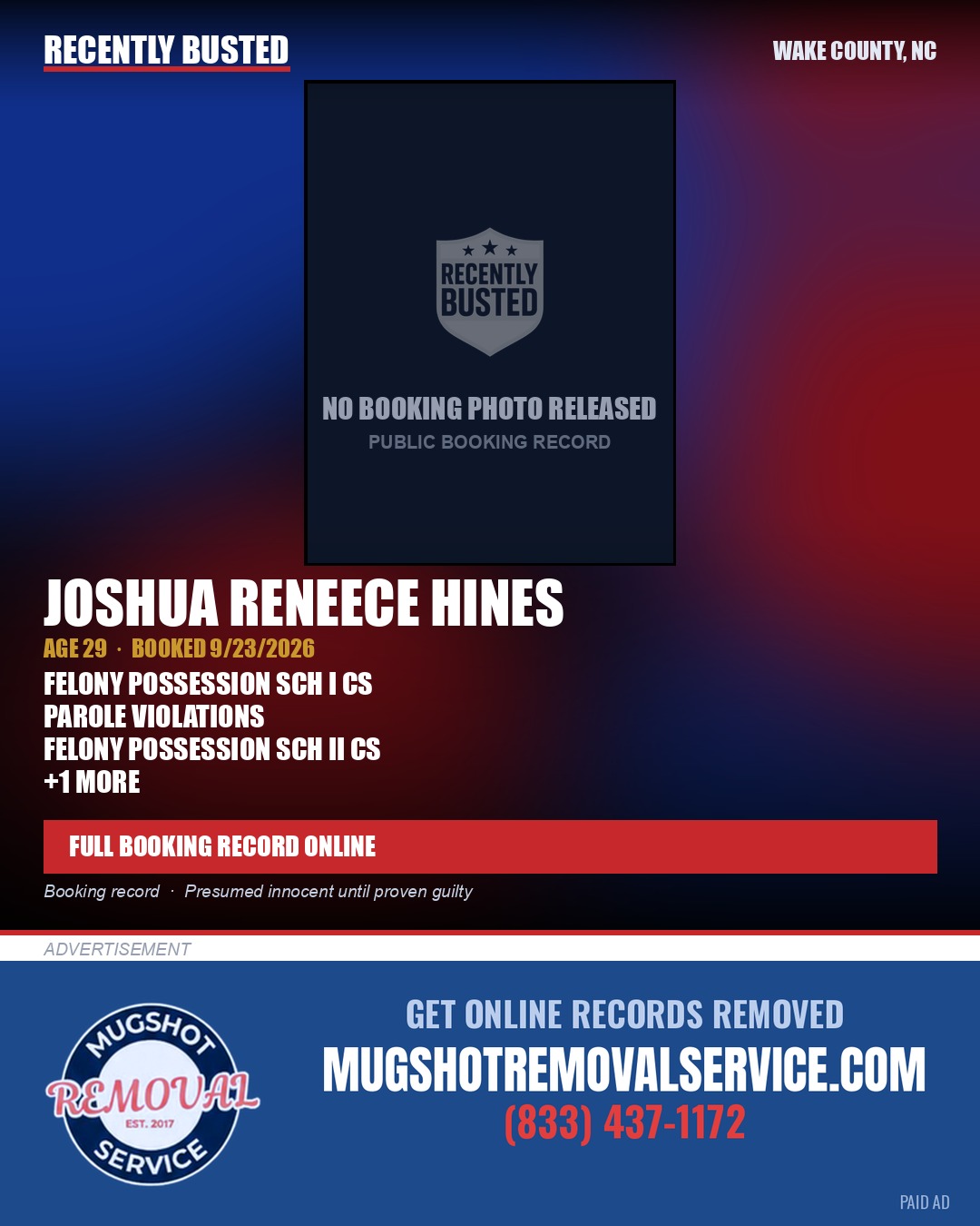 JOSHUA RENEECE HINES — arrest record card, Wake County, North Carolina