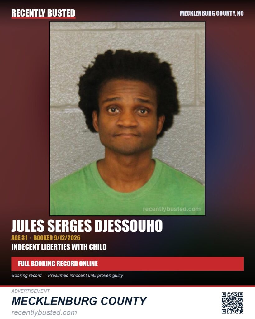 JULES SERGES DJESSOUHO — arrest record card, Mecklenburg County, North Carolina