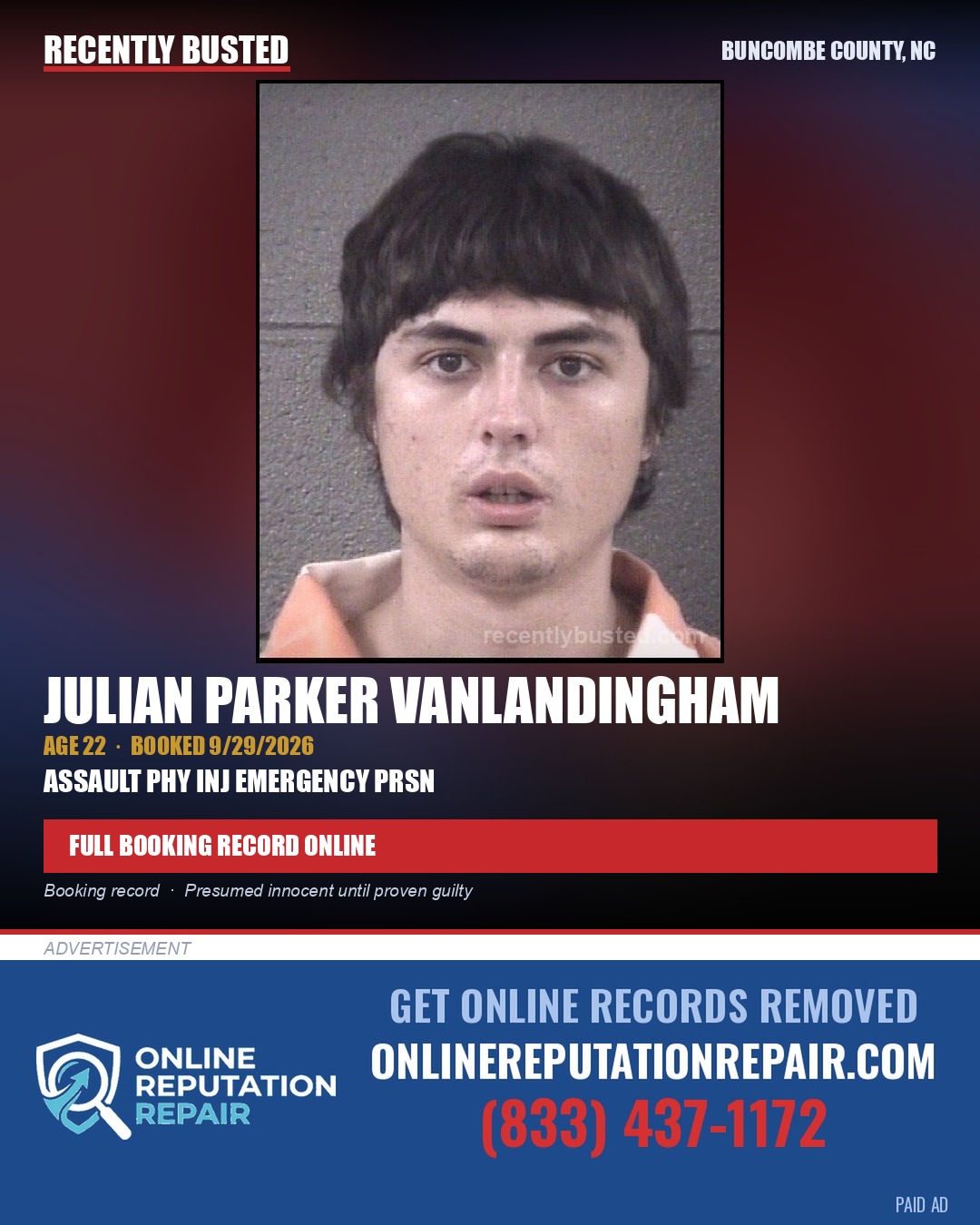 JULIAN PARKER VANLANDINGHAM — arrest record card, Buncombe County, North Carolina