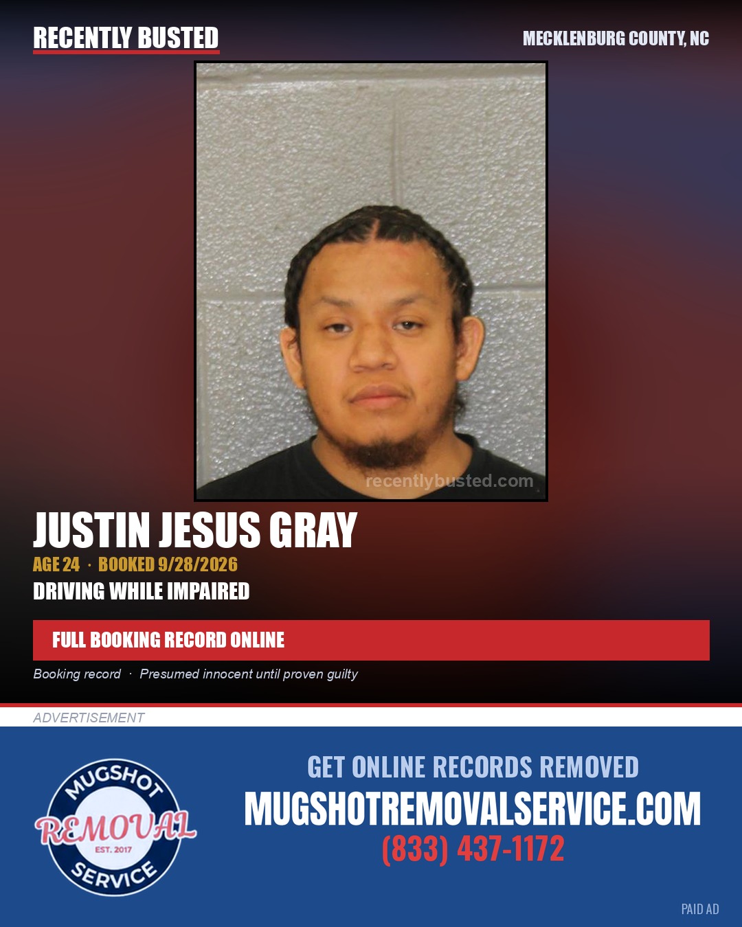 JUSTIN JESUS GRAY — arrest record card, Mecklenburg County, North Carolina
