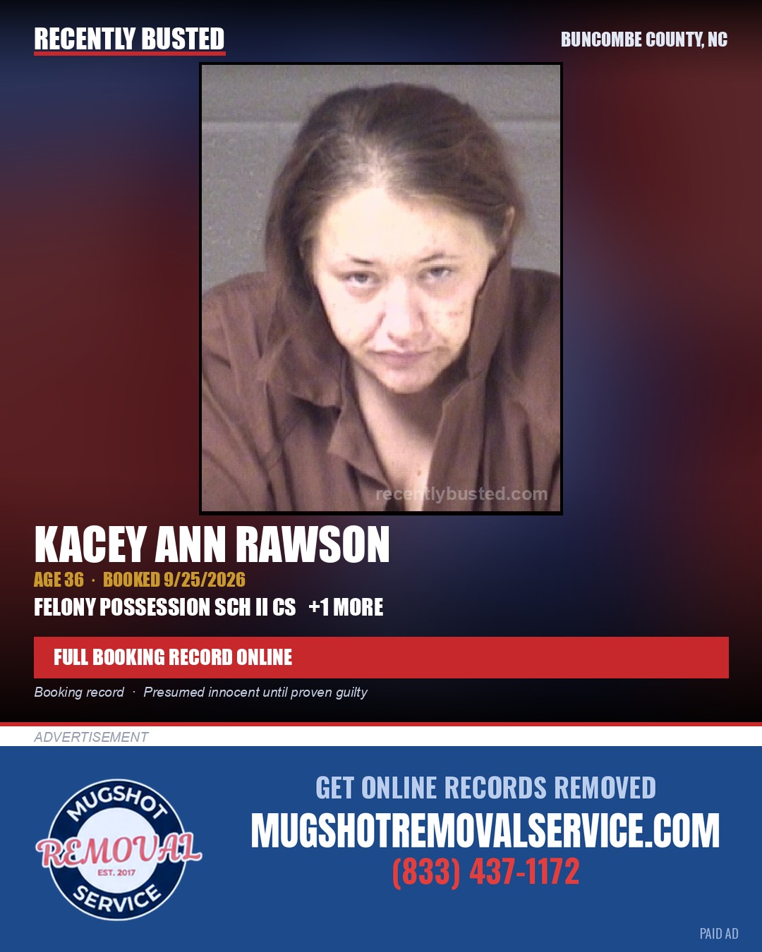 KACEY ANN RAWSON — arrest record card, Buncombe County, North Carolina