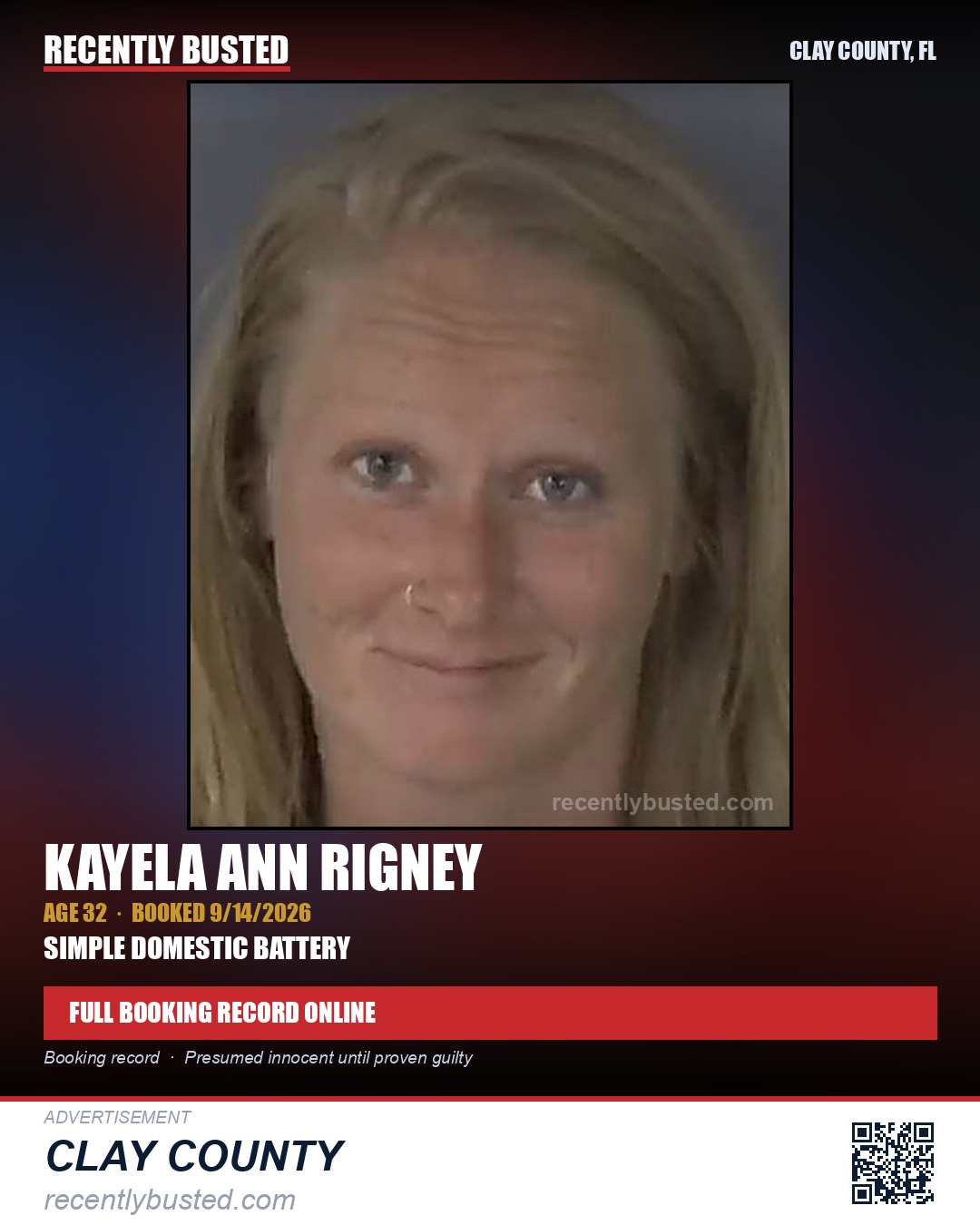 KAYELA ANN RIGNEY — arrest record card, Clay County, Florida