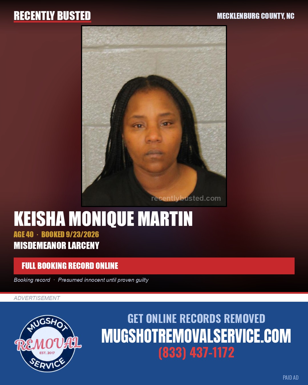 KEISHA MONIQUE MARTIN — arrest record card, Mecklenburg County, North Carolina