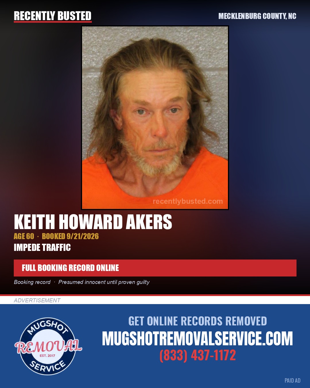 KEITH HOWARD AKERS — arrest record card, Mecklenburg County, North Carolina