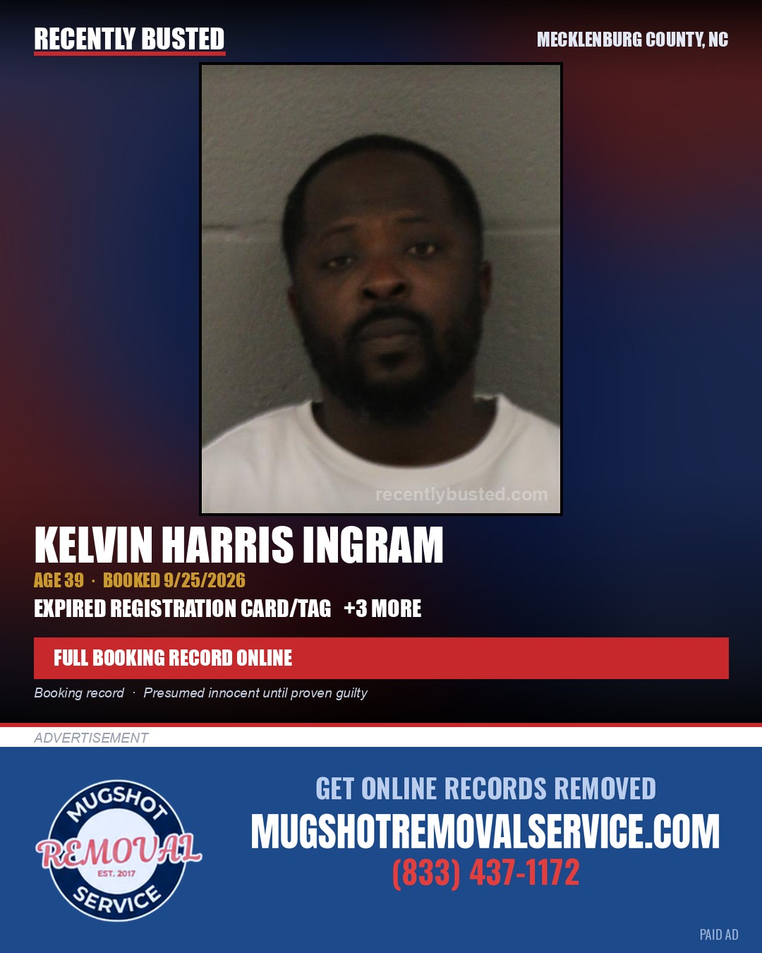 KELVIN HARRIS INGRAM — arrest record card, Mecklenburg County, North Carolina