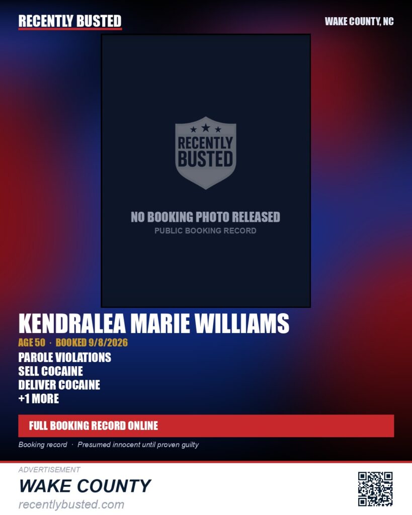 KENDRALEA MARIE WILLIAMS — arrest record card, Wake County, North Carolina