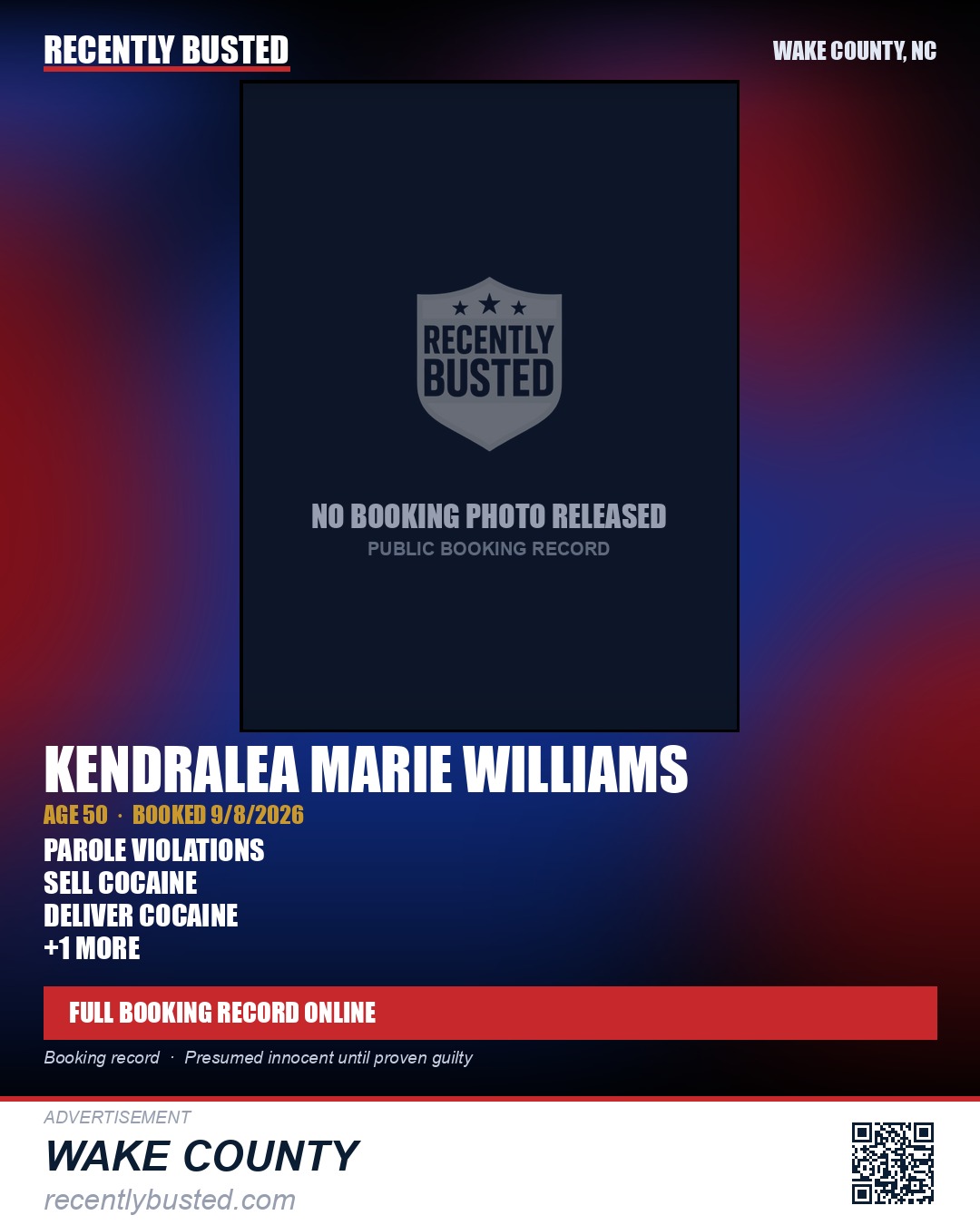 KENDRALEA MARIE WILLIAMS — arrest record card, Wake County, North Carolina