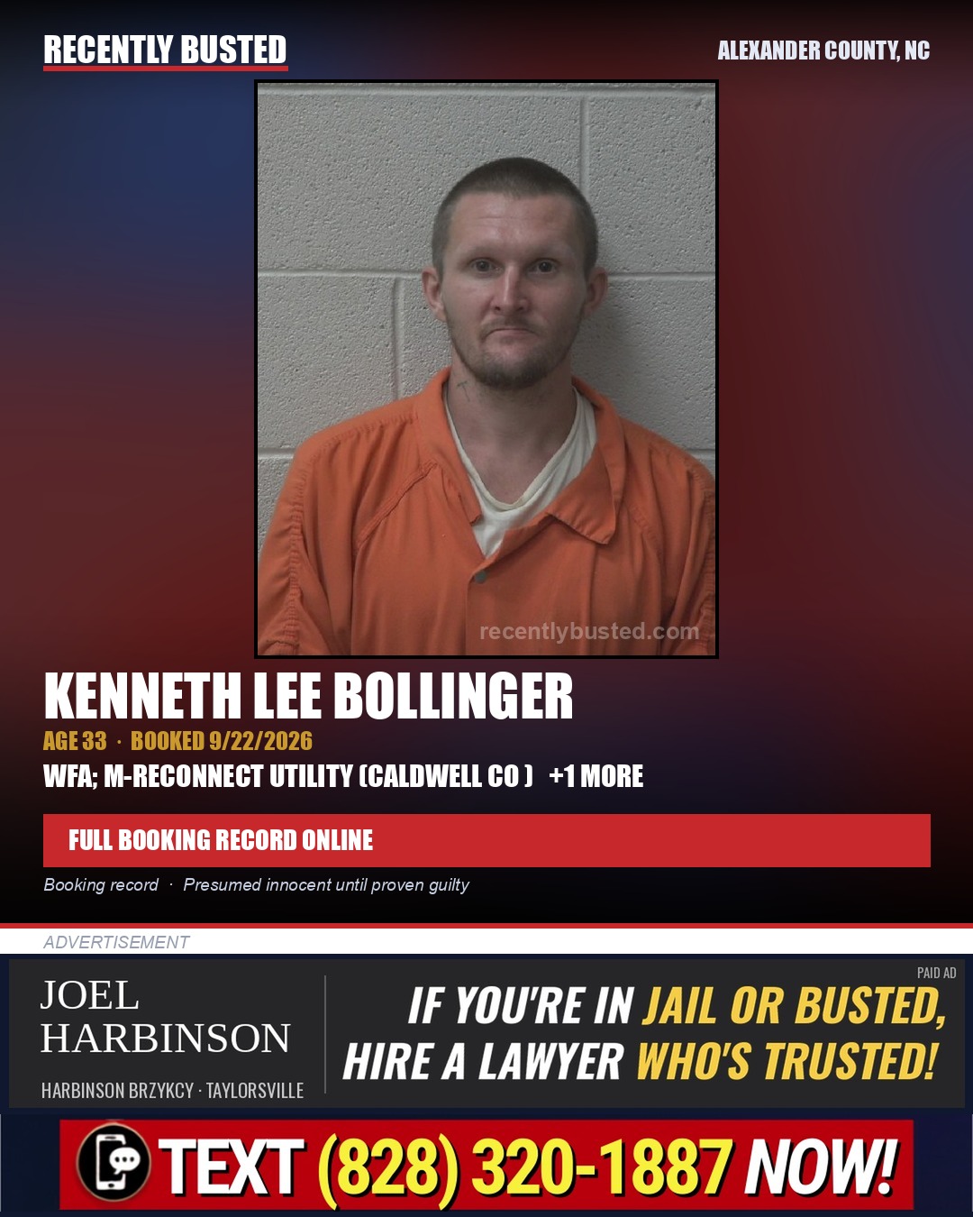 KENNETH LEE BOLLINGER — arrest record card, Alexander County, North Carolina