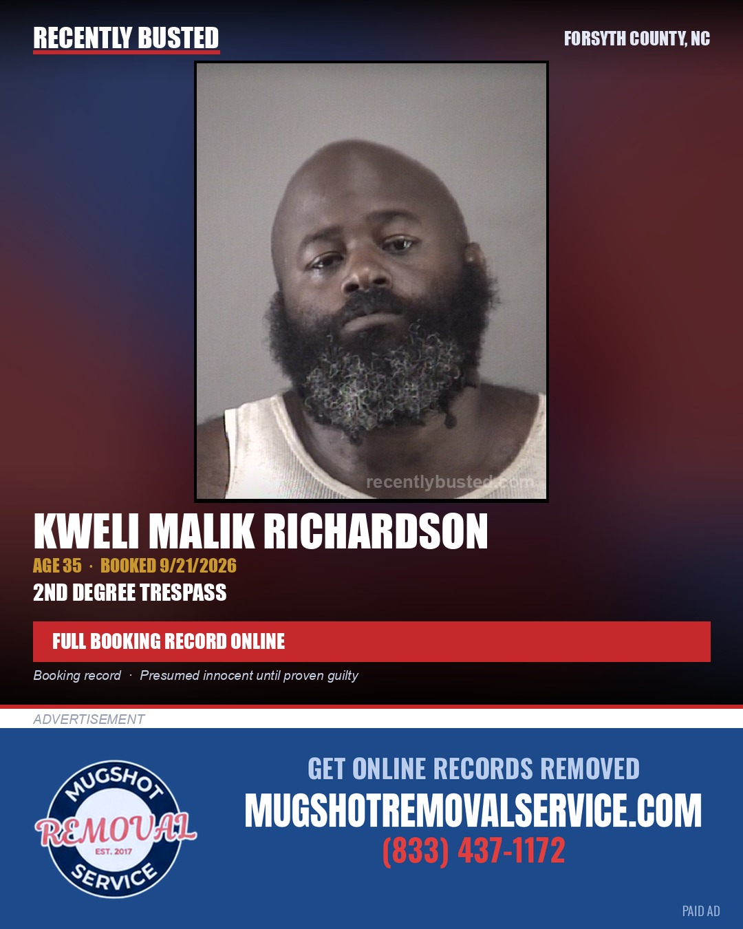 KWELI MALIK RICHARDSON — arrest record card, Forsyth County, North Carolina