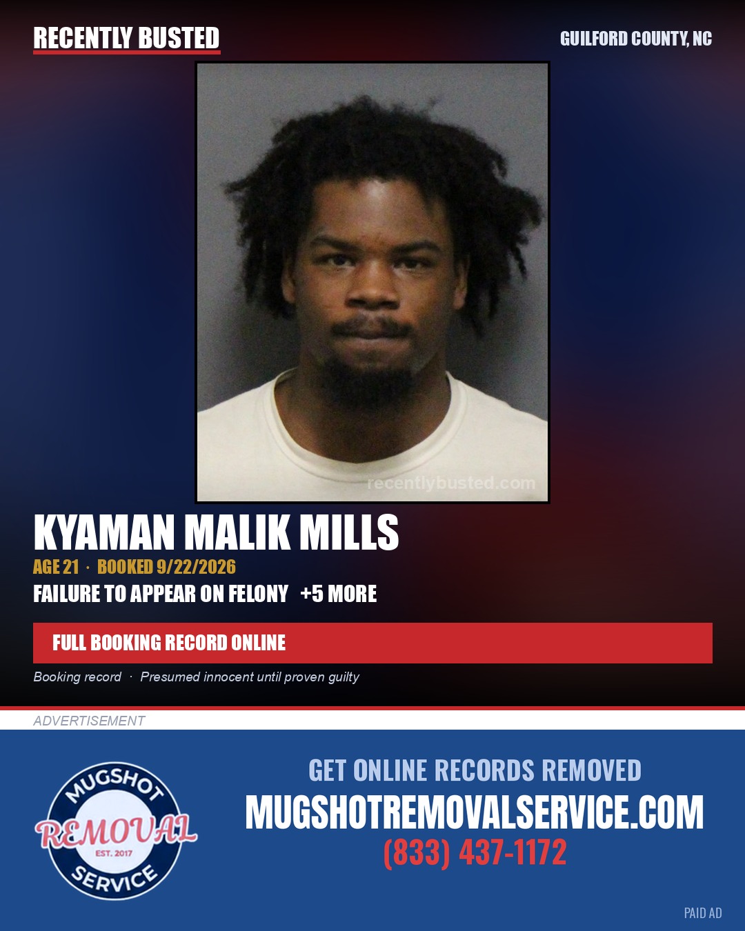 KYAMAN MALIK MILLS — arrest record card, Guilford County, North Carolina