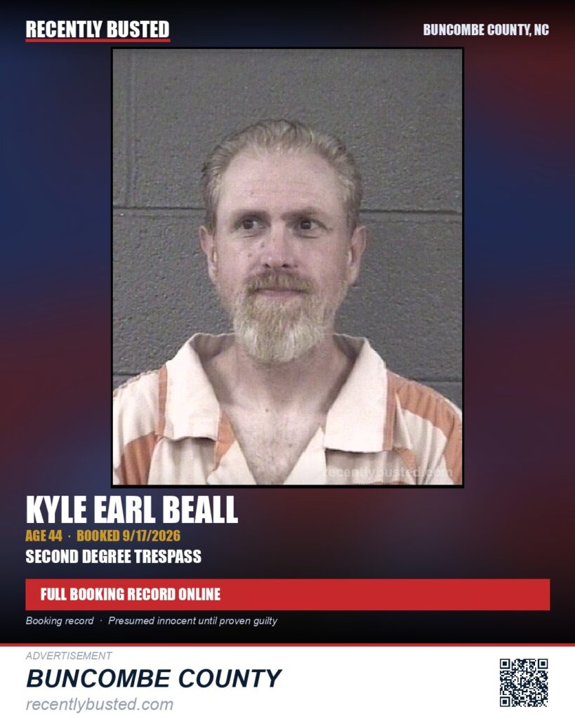 KYLE EARL BEALL — arrest record card, Buncombe County, North Carolina
