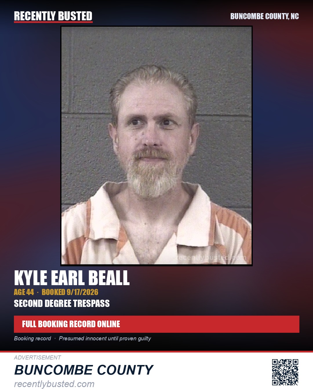 KYLE EARL BEALL — arrest record card, Buncombe County, North Carolina