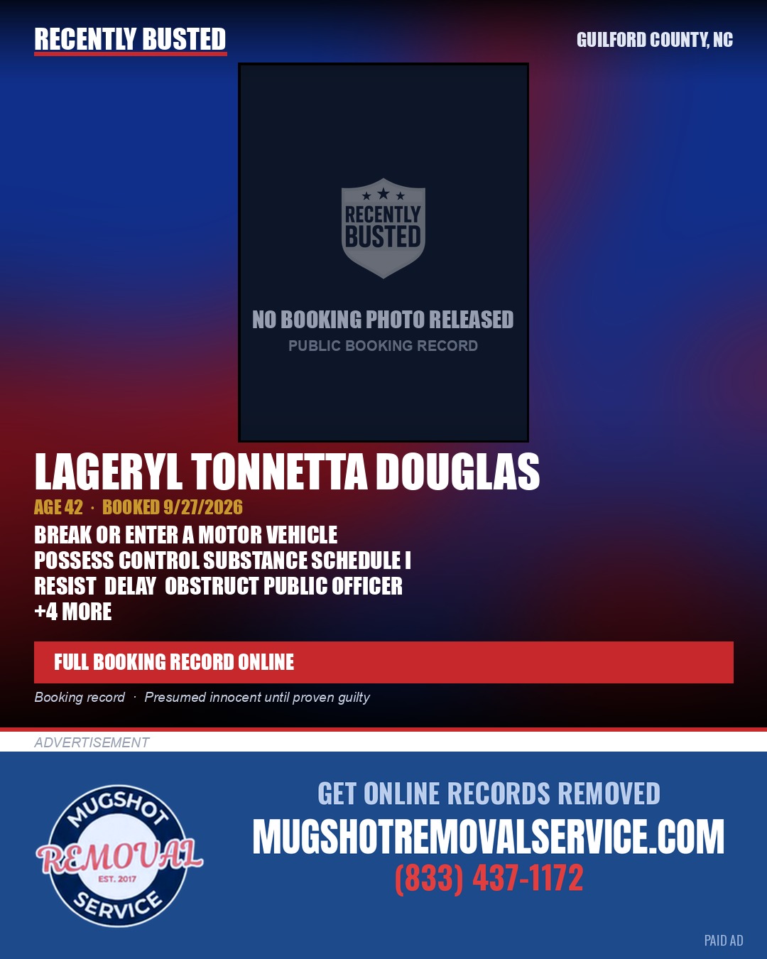 LAGERYL TONNETTA DOUGLAS — arrest record card, Guilford County, North Carolina