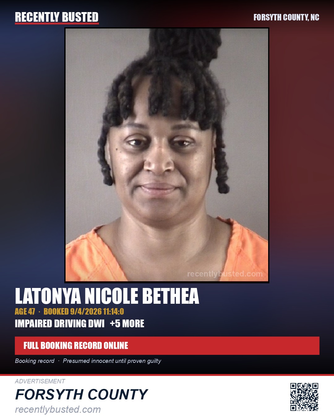 LATONYA NICOLE BETHEA — arrest record card, Forsyth County, North Carolina