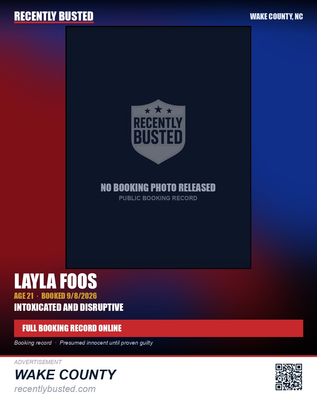 LAYLA FOOS — arrest record card, Wake County, North Carolina