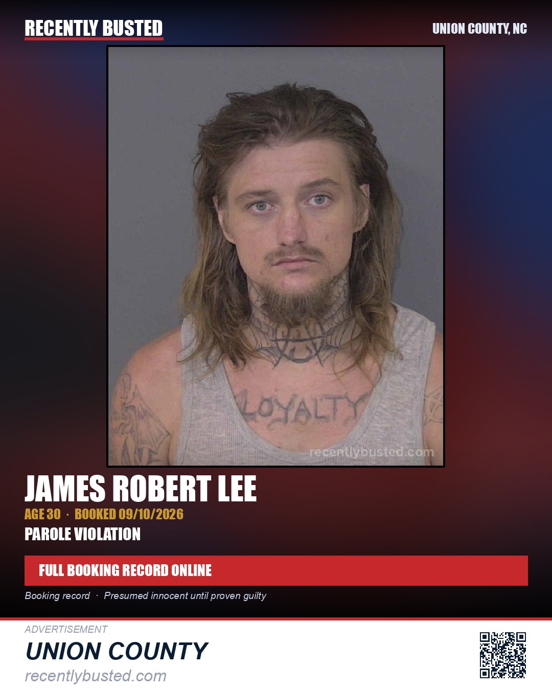 LEE, JAMES ROBERT — arrest record card, Union County, North Carolina