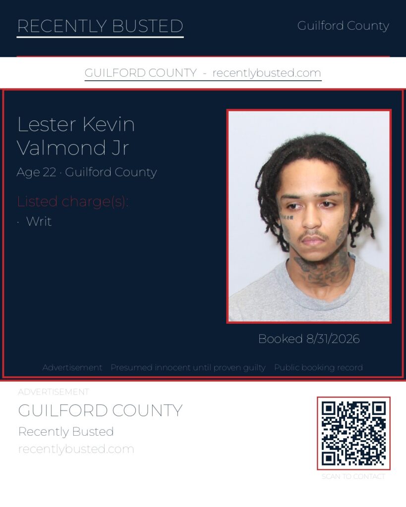 LESTER KEVIN VALMOND JR — arrest record card, Guilford County, North Carolina