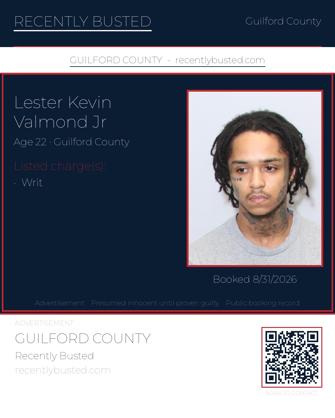 LESTER KEVIN VALMOND JR — arrest record card, Guilford County, North Carolina