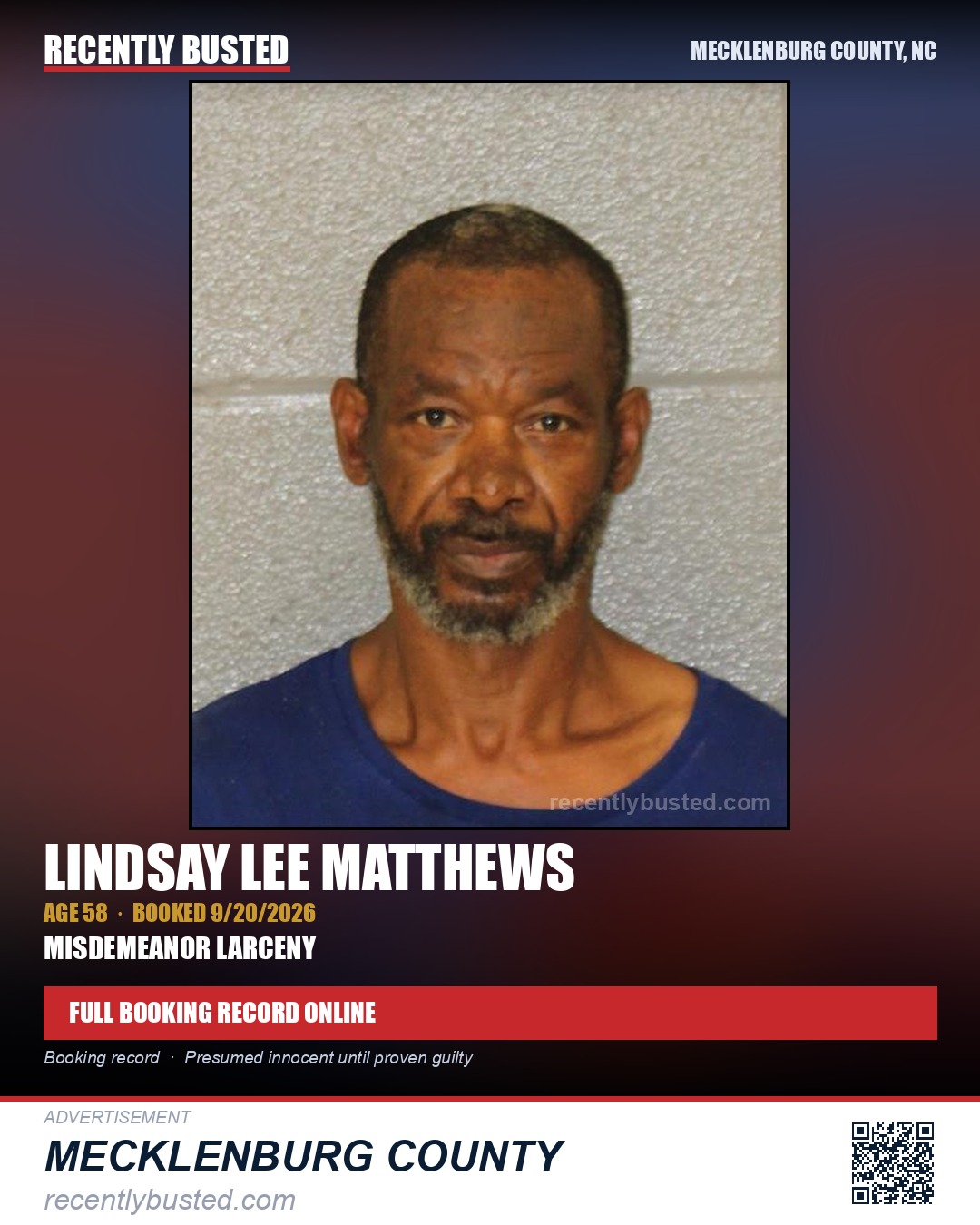 LINDSAY LEE MATTHEWS — arrest record card, Mecklenburg County, North Carolina