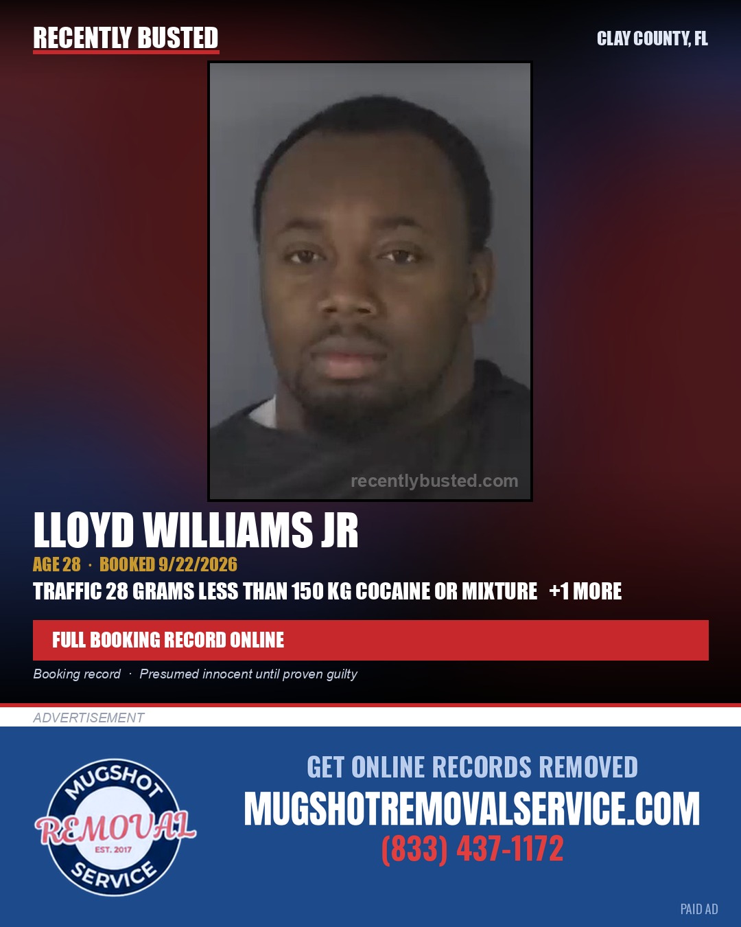 LLOYD WILLIAMS JR — arrest record card, Clay County, Florida